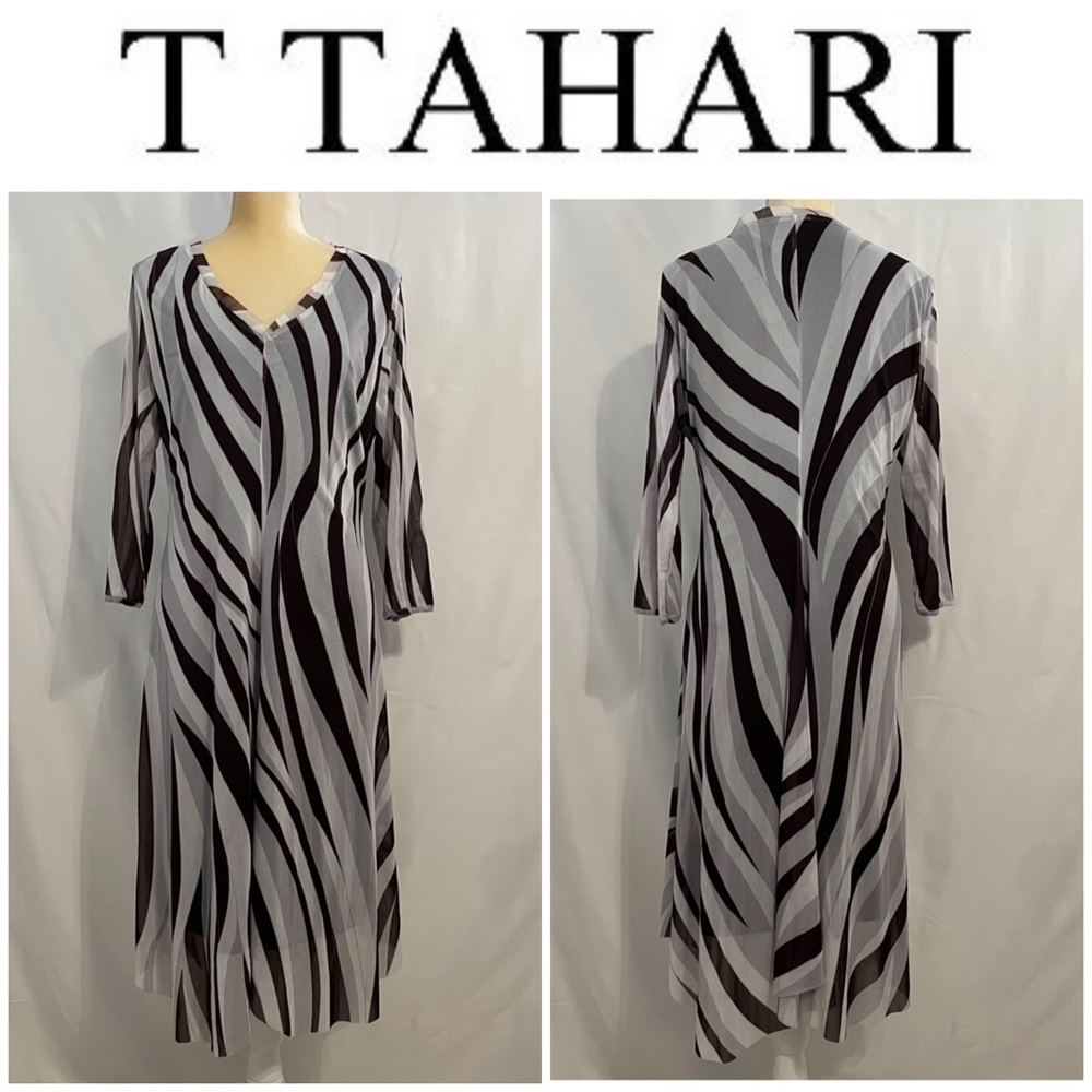 T Tahari Black and Gray Stripe Dress Size 14